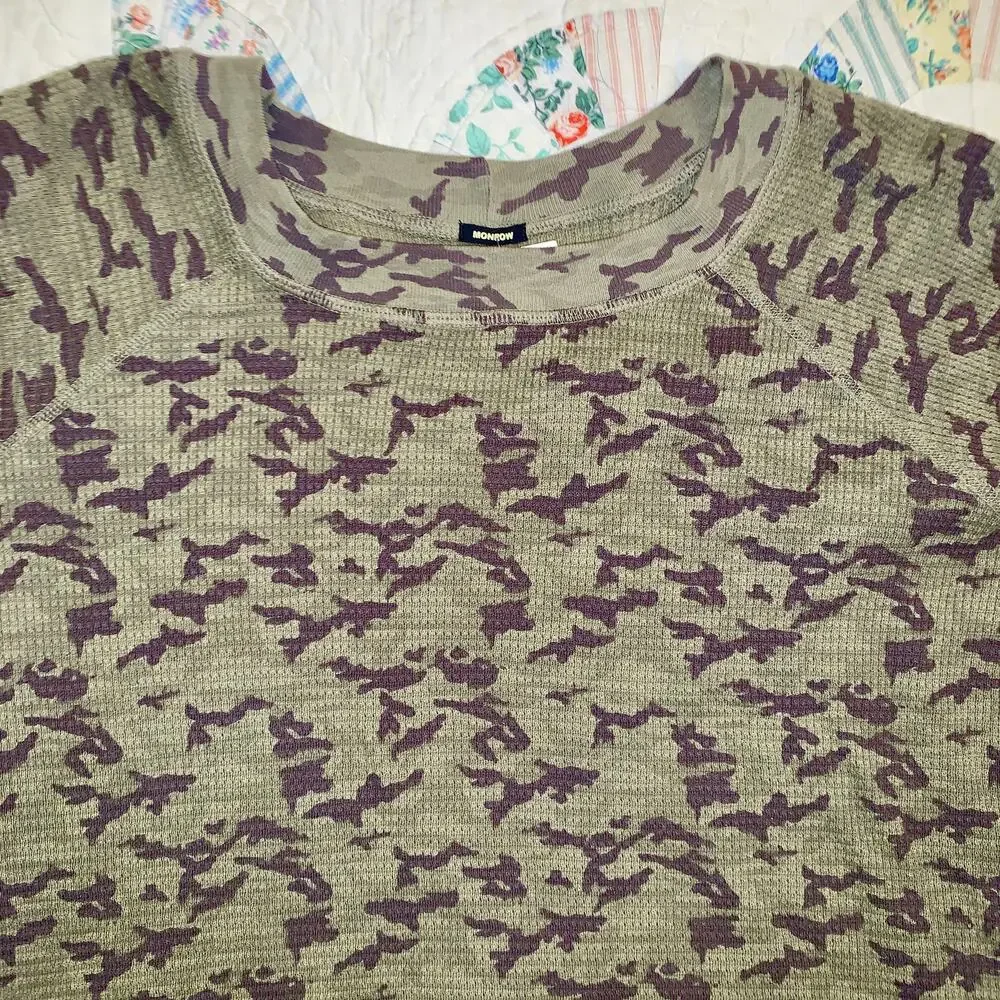 NEW OLIVE GREEN MONROW CAMO CAMOUFLAGE THERMAL WAFFLE TEE TOP - Picture 2 of 6